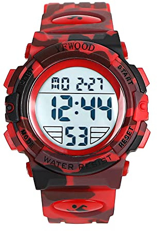 YFWOOD Kids Digital Watch,Waterproof Outdoor Watches, Children Casual Electronic Analog Quartz Wrist Watches with Silicone Band Luminous Alarm Stopwatch for Boys -Camouflage Red
