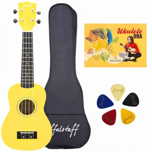 ffalstaff kit ukulele soprano satinato con corpo da 21 linea superior con borsa, metodo rapido l'ukulele ora e 5 plettri omaggio (Giallo)