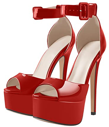 VERISSON Escarpins Mary Jane Escarpins à bout rond avec boucle et plateforme pour femme, Talon rouge uni à bout ouvert, 40.5 EU