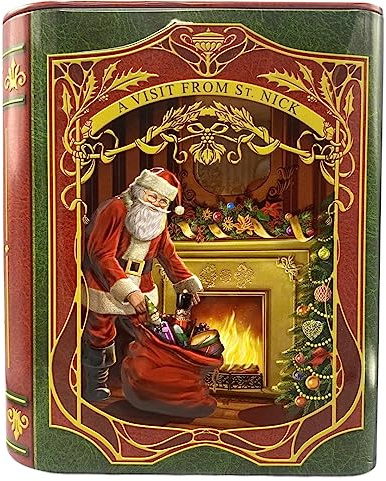 stylebox Tin in the shape of a Christmas book small book tin St. Nick red / green biscuit tin decorative box retro tin storage, approx. 15 x 6/8.5 x 17.5 cm, volume: 1.5 l