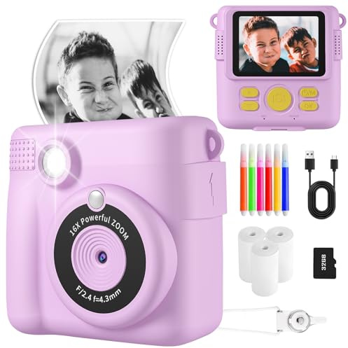 Instant Print Camera, Kids Camera Digital Camera 1080P HD Photo and Video Recording with 32G SD Card, 3 Rolls Photo Paper & Colour Pen for Age 6-12 Boys and Girls Birthday Chirstmas Gifts