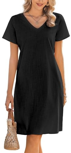 Zeagoo Robe D'été Femme Robe 100% en Coton de Plage Robes Longueur Genou Manches Courtes Col en V T-Shirt Robe Casual avec Poches A Ligne Chic et Elégante Uni Noir L