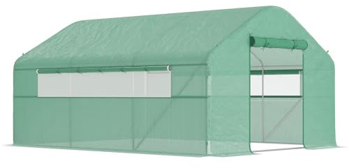 Outsunny Invernadero de Exterior 4x3x2 m de Túnel con 2 Ventanas Cubierta de PE Anti-UV y 1 Puerta Enrollable con Cremallera para Jardín Patio Verde