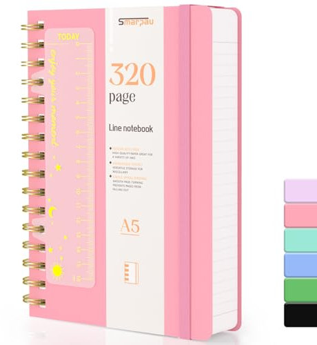 Smarpau A5 Spiral Notizbuch Liniert, Hardcover PVC Notizbuch Ringbuch Notizblock mit 320 Seiten 100gsm Dickes Papier, Lined Journal für Frauen Männer Arbeit Büro Schule Reisen, 14.5 x 21cm-Rosa