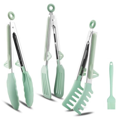3 Pezzi Pinza da Cucina Acciaio Inox,27cm Pinza Barbecue Silicone,pinze per spaghetti,pinze da barbecue,Pinza Cucina Professionali per Spaghetti,Insalata,Pasta,BBQ (Verde)