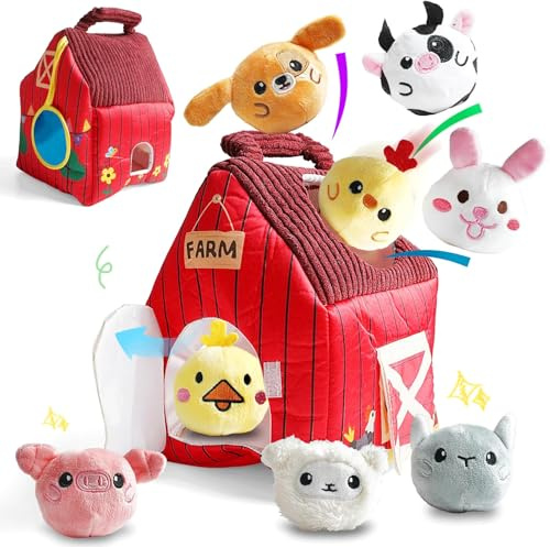 Cokomono Juguetes Bebés 3-12 Meses, Juguetes Sensoriales con Granja, 8 Sonajeros de Animales y Espejo, Juguete Montessori para Bebes 3 6 12 Meses, Regalo Niños Niña 1 Año