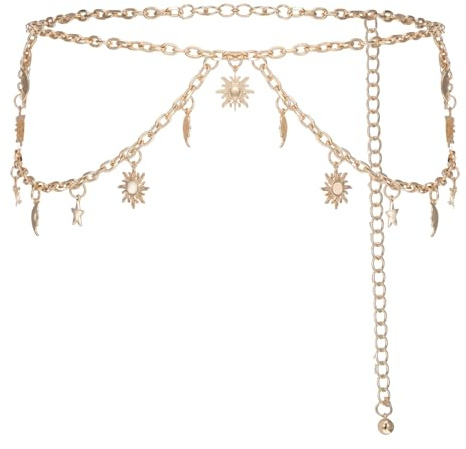 Ymapinc Gold Waist Chain Plus Size, Sun Moon Star Waist Chain, Decorative Metal Belt for Women Jeans Pants Dresses - Fits Size 23-45 inch