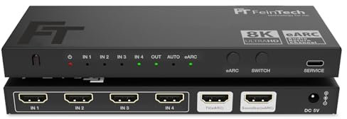 FeinTech AX340 HDMI 2.1 eARC Pass Switch Audio Extractor für eARC-Soundbar - Unterstützt 8K 60Hz, 4K 120Hz, VRR, ALLM, Dolby Atmos, DTS - Audio Splitter für Soundsysteme mit eARC und ARC (4 Inputs)