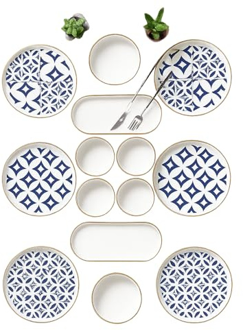 Kitchen Life 14-teiliges Frühstücksset für 6 Personen – Karo Stackable Serie aus Kütahya Keramik – Handgefertigtes, hochglänzendes & stapelbares Keramikgeschirr