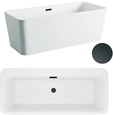 Aquauno - Baignoire rectangulaire autoportante 170 x 80 cm en acrylique sanitaire de qualité supérieure - Baignoire en acrylique avec bonde clic-clac, trop-plein, couvercle, bonde et cadre en acier