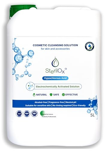 Sterilox 5L Solución Cosmética de Limpieza Higiénica para Piel y Superficies – Ácido Hipocloroso (HOCl), Sin Alcohol, Sin Perfume, Sin Aclarado, Uso Profesional y Doméstico