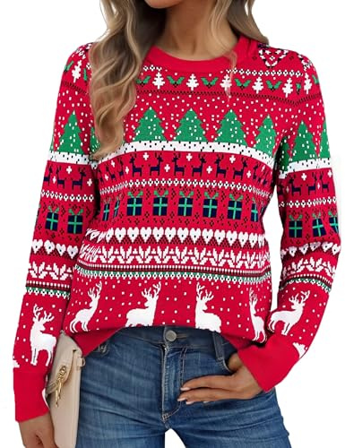 Jezonga Pull de Noel Femme Hiver Pull Moche de Noël Femme Moche avec Motif de Neige et Renne Ugly Christmas Sweater Chaleur Chic Pullover Col Rond Élégant,Rouge,L
