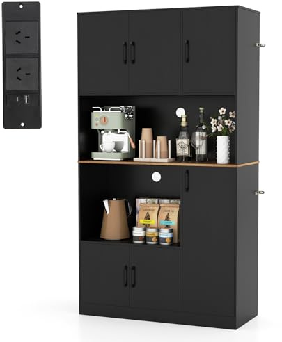 COSTWAY Armadio Dispensa Alto 180 cm, Credenza da Cucina con Presa di Corrente e 4 Ante, per Cucina, Sala da Pranzo e Soggiorno, 100 x 40 x 180 cm (Nero)