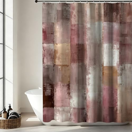 Mocsicka Vintage Abstract Patchwork Shower Curtain for Bathroom, Grey Pink Rustic Farmhouse Shower Curtain for Modern Bathroom Deocr Waterproof Fabric Plaid Bath Curtain 72 X 72 Inch