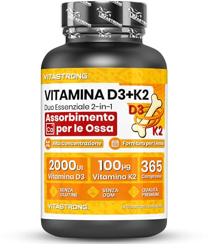 Vitamina D3 K2 Vitastrong, 365 Compresse Alto Dosaggio Vitamina D3 2000 UI, Vitamin K2 MK7 100mcg, Duo Essenziale 2-in-1 Supporto per Ossa, Denti e Sistema Immunitario, Vegetariano, Senza Glutine