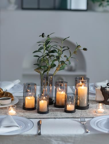 Romadedi Windlicht Glas Schwarz für Tischdeko: 6er Set Windlichter Glaszylinder für Deko Wohnzimmer Modern Outdoor Rauchglas Kerzenhalter Kerzenglas für Kerzen Fensterbank Halloween