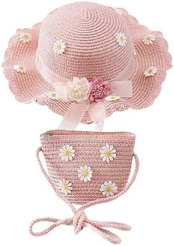 QWEPU Straw Hat and Small Bag Set,Girl Summer Sun Hat,Girls Sun Hat Summer Beach Straw Hats and Mini Cute Purse Sets with Flowers Decoation for Holiday Outdoor Activities-Pink