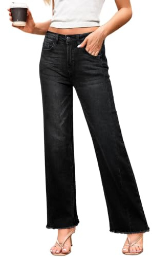 Dokotoo Women's Wide Leg Jeans High Waisted Stretchy Raw Hem Denim Pants | Womens Jeans with Pockets,Baggy Jeans,Ladies Trousers,High Rise,Cotton,Zimbaplatinum,Side Seam,Loose,Trendy,Fashion Clothing