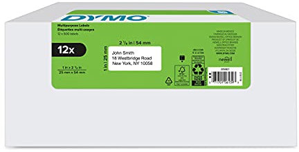 DYMO Authentic LW Multi-Purpose Labels for LabelWriter Label Printers, White, 1 x 2-1/8, 12 rolls of 500 (6000 Total)