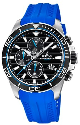 Festina Herren Uhr Analog mit Blauem Kautschukarmband - Quarzwerk - Sportliche Herrenuhr - Chronograph - Kalender - Widerstandsfähiges Mineralglas - Wasserdicht bis 10 ATM F20370/5 Special Prices