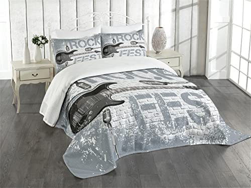 ABAKUHAUS Rockmusik Tagesdecke Set, Gitarre auf Backsteinmauer, Set mit Kissenbezug Klare Farben, für Einzelbetten 170 x 220 cm, Blau-grau schwarz