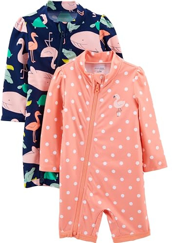 Simple Joys by Carter's 2-Pack 1-Piece Zip Rashguards Traje de baño de una Pieza, Azul Marino Amigos Marinos/Melocotón Lunares, 2 años (Pack de 2) Bebé Niñas