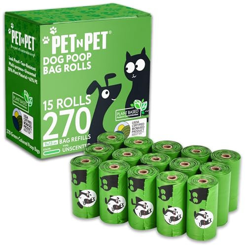 PET N PET Hundekotbeutel - 270 Einheiten, 15 Rollen, 38% Pflanzlich, 9x13 Zoll, Unparfümiert