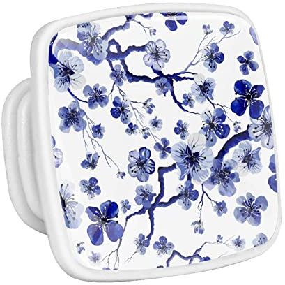 4 Pcs Square Cabinet Handle Cupboard Fluorescence Knob Glowing in The Dark Drawer Pulls Handle Blue Floral Chinese Ink Paint Plum Drawer Knobs with Screws Furniture Decor