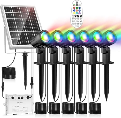 MEIHUA Spot Solaire Exterieur RGB Lot de 6 10 Couleurs 30 Modes 2 Luminosité Lampe Solaire avec Télécommande IP66 Étanche Minuterie Eclairage Exterieur pour Jardin, Arbres, Chemins, Noël, Halloween