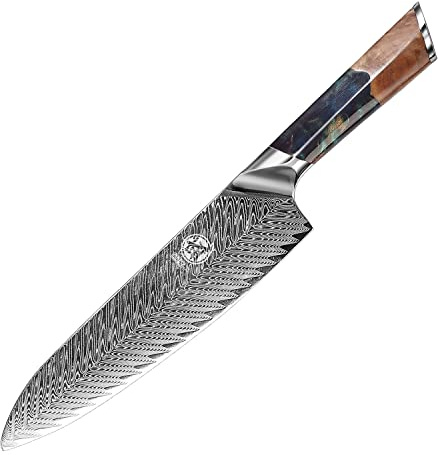 MITSUMOTO SAKARI Japanese Damascus Chef Knife, Professional Hand-Forged VG-10 Damascus Santoku Knife, 8.5 inch Ultra Sharp Sushi Kitchen Knives (Nanmu Handle & Sandalwood Box)