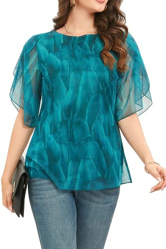 Timuspo Blusa de gasa de manga media para mujer, verano, cuello redondo, doble capa, túnica fluida