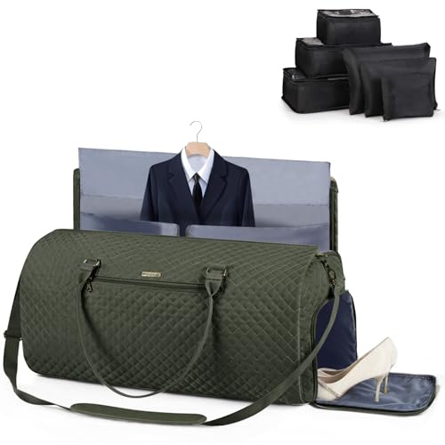 Lekeinchi 2 in 1 Porta Abiti da Viaggio Donna, Impermeabile Borsa da Viaggio Porta Abiti Pieghevole con 6 Cubi da imballaggio e Porta Scarpe, Travel Bag Borsone Uomo for Palestra, Vacanze, Verde