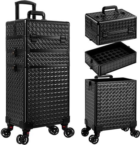 JINGUAN 3 in 1 Rolling Makeup Train Case Professional Large Cosmetic Trolley Cosmetology Case on Wheels Traveling Cart Trunk for Hairstylist Artist Nail Beauty Salon Barber, Black