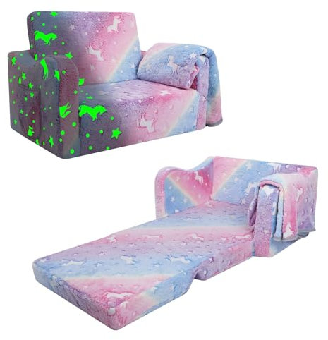 decalsweet Kindersofa Ausklappbar mit Decke,2 in 1 Schlafsofa Kindersessel für Mädchen,Leuchtendes Kinder Couch für Schlafzimmer Spielzimmer Kinderzimmer,Geschenk zum Geburtstag-Einhorn
