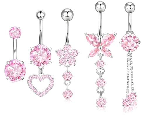 hautllaif 5Pcs Belly Button Bars Set Stainless Steel Dangly Belly Button Rings Hypoallergenic Belly Bars 14G Heart Bow Navel Piercing Jewelry for Women Girls - Belly Bar Collection