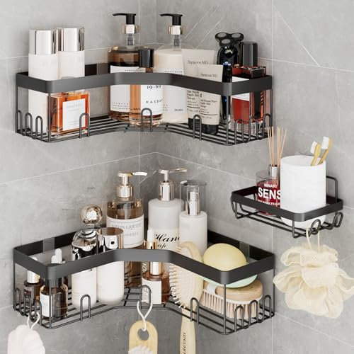 3 in 1 Upgrade Duschregal Edelstahl [15KG Tragkraft!] [10mm Verdickt] [6cm Hochkante + 22 Haken] Rostfreies Dusche Ablage Ecke Organizer, Ohne Bohren - Starke Klebepads, Schwarz
