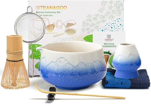 TEANAGOO 7 Pcs Matcha Set,Blue Matcha Whisk Set, Ceremony Matcha Powder Kit,Matcha Tea Set for Making Latte,Matcha Whisk Set and Bowl with Scoop&Sifter,Fuji Design Ceramic Bowl,Gift for Matcha Lovers