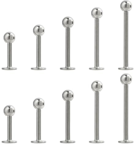 Jecdfs 5 par (10 stycken) 16 G kirurgiskt stål läpppiercing Labret Monroe ring Tragus Helix Piercing örhängen stud smyckesset, längder 6–14 mm, kulstorlekar 3–4 mm, högglanspolerad, silver, no