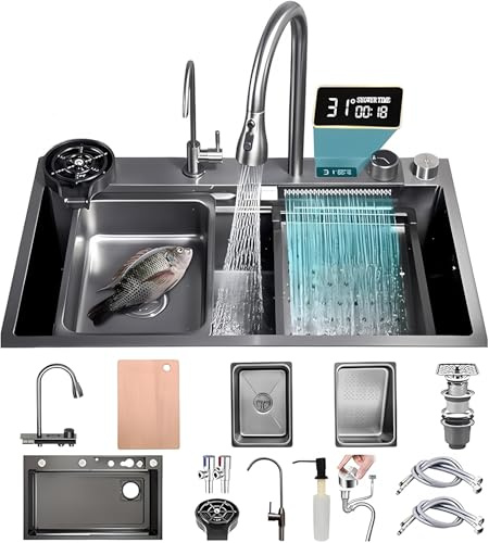 Koogimddr Lavello da cucina per postazione di lavoro, in acciaio inox, con rubinetto a cascata e getto ad alta pressione, semplice e per uso domestico, 90 x 50 cm, nero/grigio