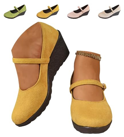 Zapatos Mary Jane de tacón de cuña para mujer, zapatos de cuña de bailarina de punta redonda para damas, de ante suave, elegantes, zapatos de ballet para vestir, trabajo diario, Amarillo, 37 EU