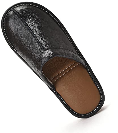 Men’s Genuine Cowhide Leather Slippers, Breathable Leather Soft Smooth Sole Bedroom Flat Shoes House Slippers Indoor Outdoor (Black, 10-11, Adult, Men, 10, Numeric, US Footwear Size System, Medium)