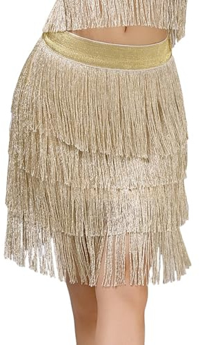 KMGDM Abito da ballo latino design dinamico frange gonne alte elastiche spettacoli teatrali costume da competizione, Oro, XL