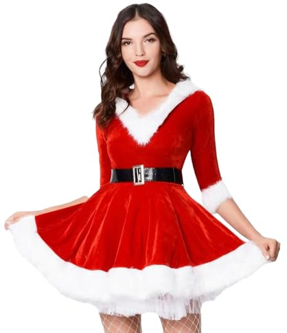 Moerstar Costume de femme de Noël pour fille et femme - En velours - Avec ceinture - Robe de Noël avec capuche - Pour Noël, fête, cosplay