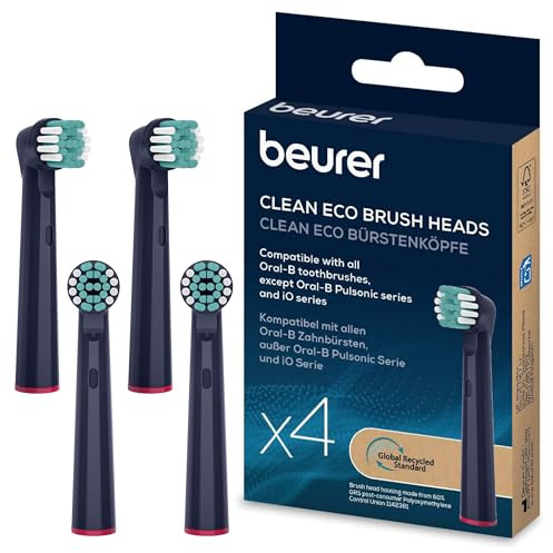 Beurer TB CleanEco Cepillos de recambio para cepillos de dientes eléctricos, 4 cabezales compatibles con cepillos de dientes Oral-B, cerdas fabricadas con materias primas 100% renovables, dureza media