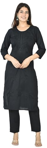 Vrnda Ensemble Kurta Pantalon Chikankari Blanc et Noir pour Femme – Costume Indien Fait Main, Salwar Kameez Bicolore