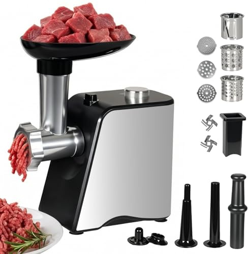 Spector Electric Meat Grinder 2800W, 4-in-1 Meat Mincer with 2 Stainless Steel Blades, 3 Grinding Plates, 3 Vegetable Slicers, Sausage Maker & Kubbe Kit, Reverse Function – for Home Use