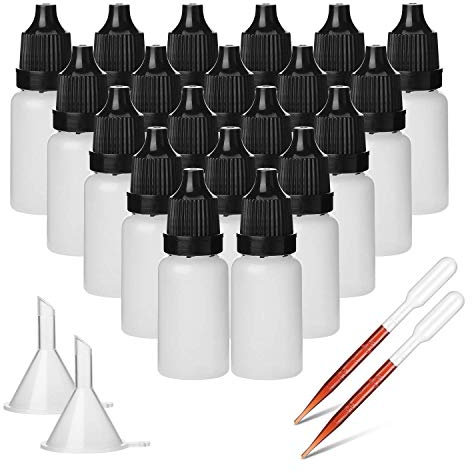 Hyber&Cara 50 st 10 ml droppflaska plast klämflaska ögonvätska droppare med manipulering uppenbar skruvtopp, bonus 2 trattar och 2 pipetter