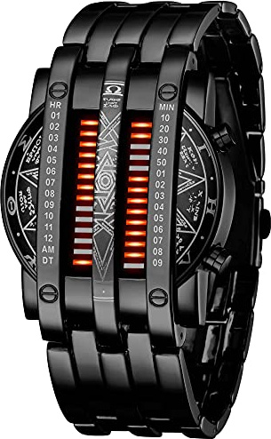 Binary Matrix Blue LED Digital Watch Mens Classic Creative Fashion Black Plated Wrist Watches (Black Red)