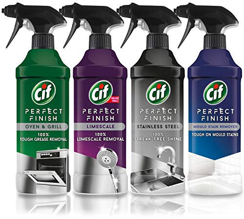 Cif Perfect Finish Kit di pulizia spray, confezione da 4 flaconi spray da 435 ml (1 detergente per forno e grill, 1 anticalcare, 1 detergente per acciaio inossidabile e 1 spray per rimuovere la muffa)