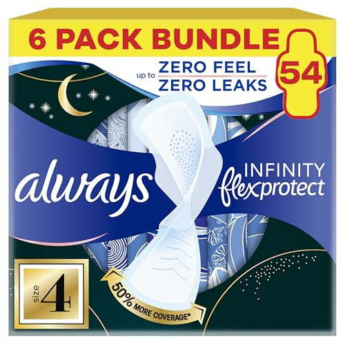 Always Infinity FlexProtect Sanitary Towels, Size 4 Secure Night, 9 Count Case of 6, Unscented, for up to Zero Feel & Zero Leaks, Softest Top-Layer, Super Absorbent & Flexible Protection